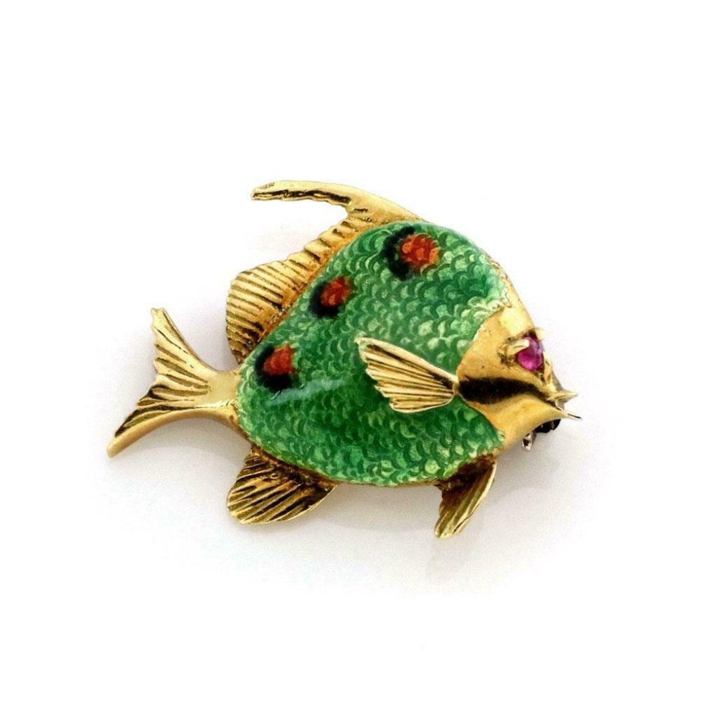 Vintage Ruby 18kYellow Gold Enamel Fish Brooch Pin